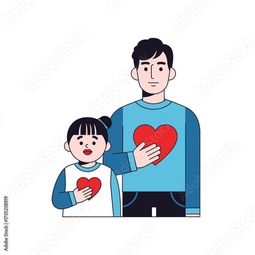 Father and daughter with hearts on their chests representing love and family connection in a vector illustration