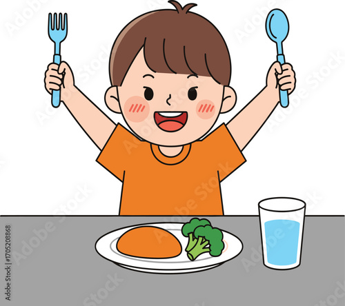 Cartoon, child, eating, healthy food, broccoli, mashed potatoes, fork, spoon, table, meal, nutrition, happy, smile, lunch, dinner, excitement, illustration, glass, water, orange shirt