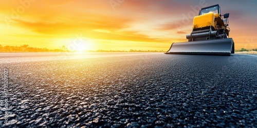 A construction vehicle lays fresh asphalt on a road at sunset, highlighting the smooth surface and vibrant sky.