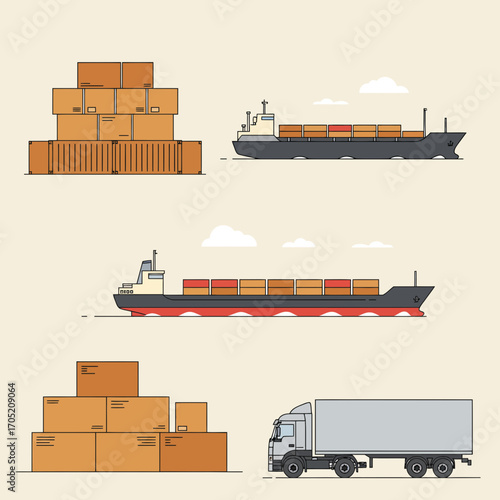 Global logistics network featuring cargo ships, delivery trucks, and stacked containers for international trade and transport solutions