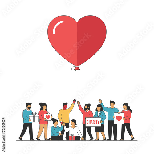 Group of diverse people united by a giant heart balloon supporting charity and holding gifts of love and compassion