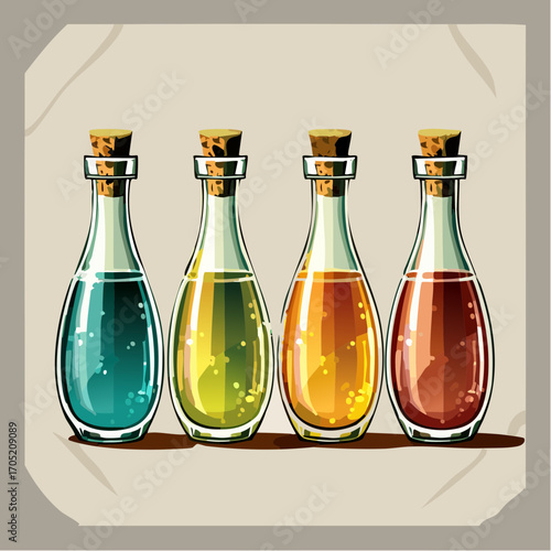 A vibrant vector illustration concept of four colorful magic potions or alchemical elixirs in corked glass bottles, isolated on a simple background