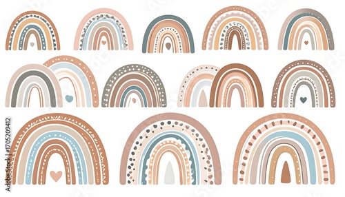 Collection of stylized rainbows in muted colors