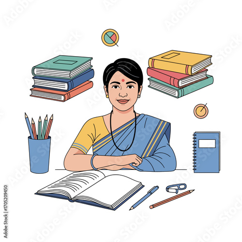 Illustration of a South Asian woman teacher with books, notebook, pen, and pencil on her desk in vector format