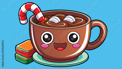 Cute kawaii hot chocolate mug with candy cane and marshmallows on a blue background