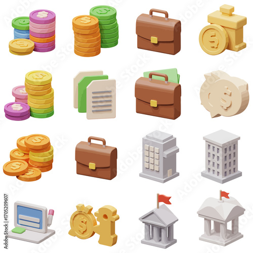Isometric business elements featuring coins, briefcase, buildings, and computer depicting financial and professional themes