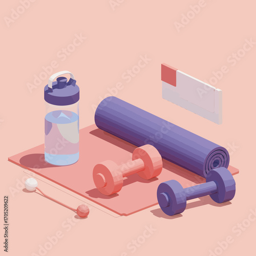 Isometric exercise equipment illustration featuring a mat, dumbbells, water bottle, and resistance band set for fitness
