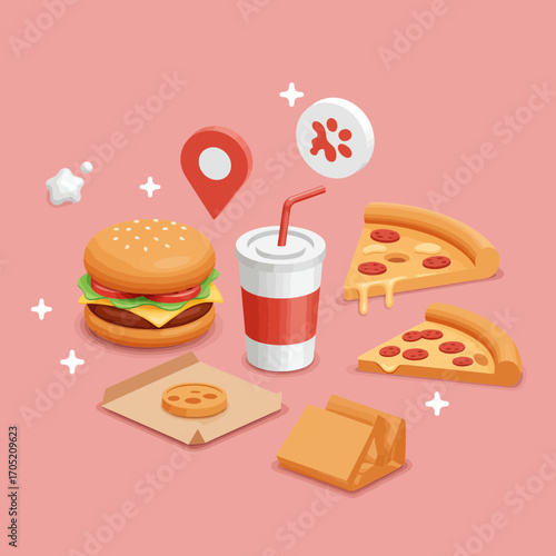 Isometric fast food feast featuring burger, pizza slices, drink, and delivery elements on a pink background, designed for digital platforms
