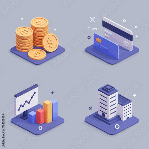 Isometric financial icons depicting money, credit cards, graph, and building symbolize business and investment