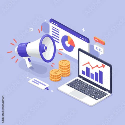 Isometric illustration depicting business growth, marketing strategies, and data analysis on laptop and website
