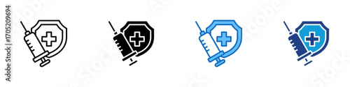 Vaccination Shield Multiple Style Icon Design Vector - Syringe with shield and cross, representing vaccination and immunization protection