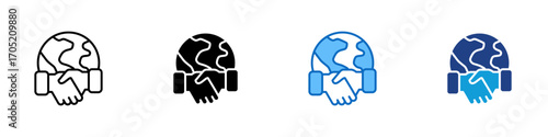 Global Health Multiple Style Icon Design Vector - Handshake over a globe, symbolizing international cooperation in healthcare agreements