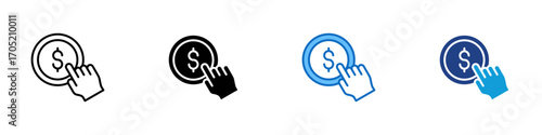 PPC Ads Multiple Style Icon Design Vector - hand clicks on a coin symbol, representing pay-per-click advertising for digital marketing campaigns