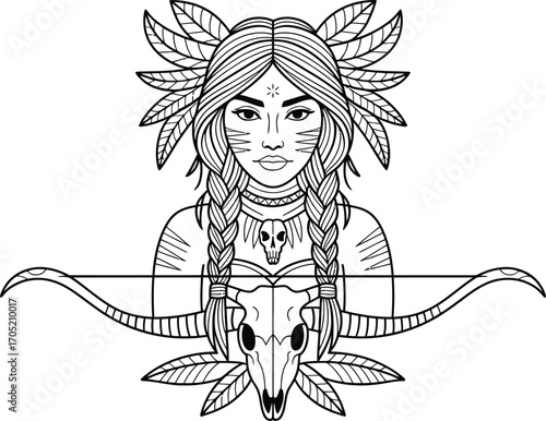 Native American woman with bow skull and feathers arrow