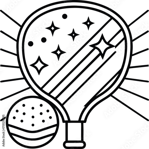 Line drawing of pickleball paddle with ball spark, court lines background, trophy above, headband and bag around.