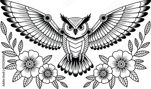 Black and white owl with open wings and floral accents
