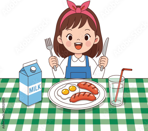 Child eating breakfast cartoon, food and nutrition illustration, eggs and sausage plate, milk carton, happy mealtime character vector