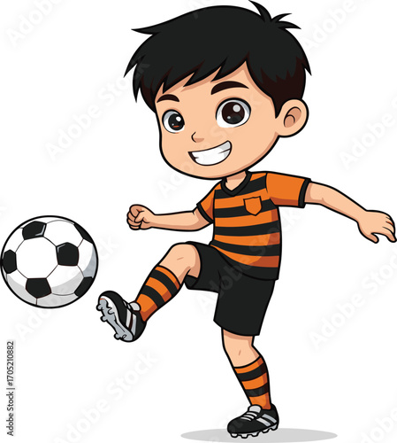 Child playing soccer cartoon, kicking ball action, striped jersey illustration, energetic sports moment, youth athlete vector, outdoor activity
