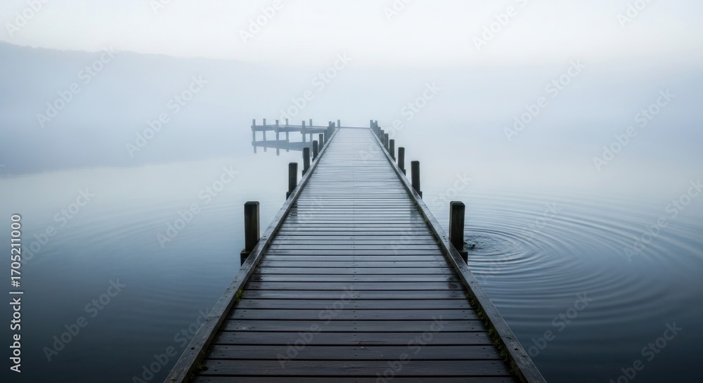 Naklejka premium A wooden pier stretches over still water, disappearing into a hazy, misty atmosphere. Gentle ripples emanate