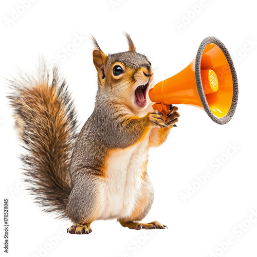 Squirrel holds megaphone,PNG,transparent background,clipart,concept of animal advertising