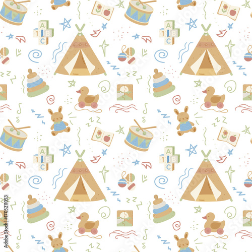 Seamless Scandinavian kids pattern with wooden toys and play tent on blue background. Cozy hygge baby vector design for nursery fabric, wallpaper, packaging and children’s decor