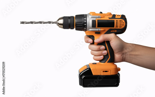 Hand holding a cordless drill with a drill bit extended, isolated on white background