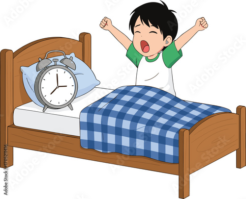 Child waking up cartoon, morning routine illustration, yawning in bed, alarm clock scene, educational character vector, sleep behavior design
