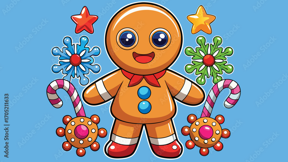 Naklejka premium Cute cartoon gingerbread man character surrounded by festive christmas ornaments and snowflakes on a blue background