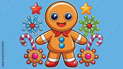 Cute cartoon gingerbread man character surrounded by festive christmas ornaments and snowflakes on a blue background