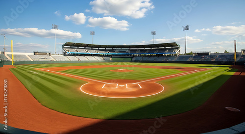 Empty baseball stadium under a blue sky with clouds. rows of seats and green field.