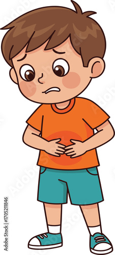 Child, stomach pain, cartoon, discomfort, tummy ache, health, illness, orange shirt, teal shorts, expression, concern, boy, sick, medical, care, symptoms, illustration, sad, holding stomach, awareness
