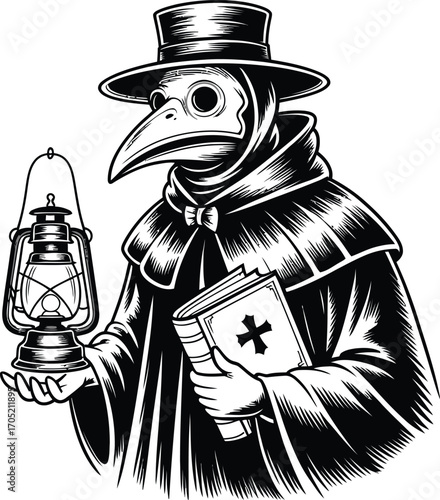 Black and white plague doctor with lantern and book