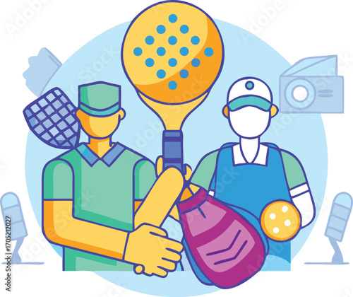 Modern flat icon with pickleball paddle, ball, trophy, player silhouette, bag, headband and handshake in one scene.