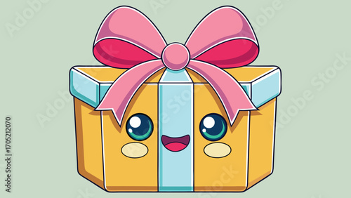Adorable kawaii style yellow gift box with big pink bow and cute happy face illustration