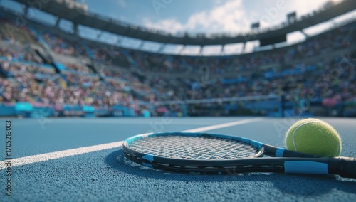 Tennis racket and ball rest on a blue court, a blurred stadium crowd fills the background under a bright sky