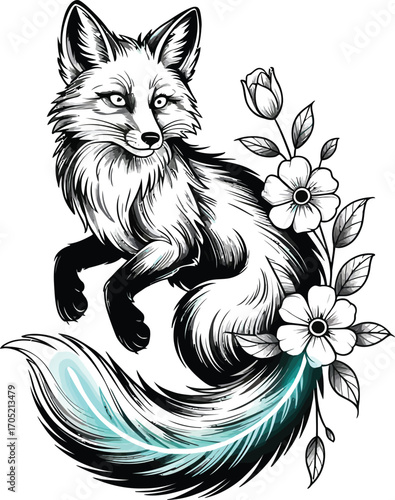 Black and white fox with teal tail and flowers illustration
