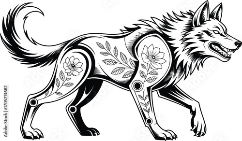 Black and white illustration of a wolf with floral patterns