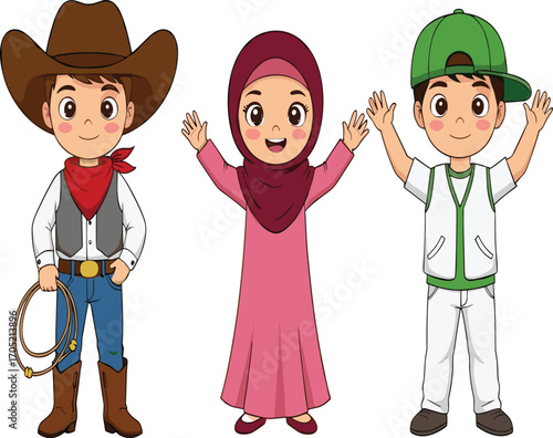 Children in diverse outfits cartoon, cowboy, hijab, sporty attire illustration, cultural and thematic character vector, cheerful pose design