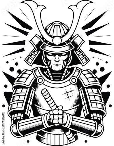 Black and white samurai warrior illustration with sword