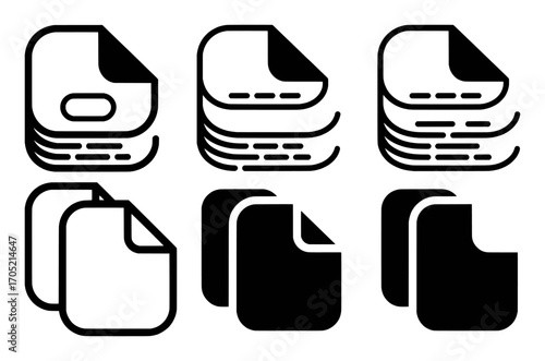 Collection of Black and White Document Icons Representing Files and Stacks