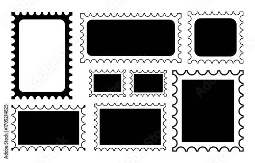 Collection of Black and White Postage Stamp Icons with Perforated Edges
