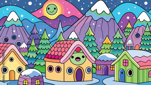 Whimsical winter village scene with colorful cartoon houses and snow covered mountains under a starry sky