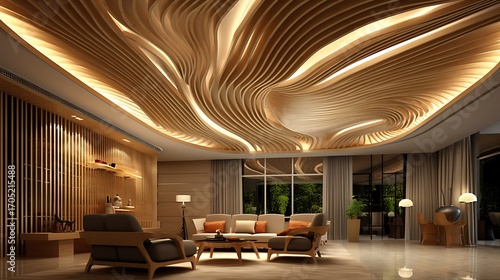Sophisticated living room featuring a contemporary wooden wave ceiling design and warm ambient
