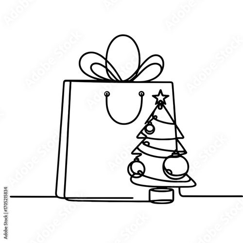 Gift bag with Christmas tree outline drawing, vector, simple line drawing, minimalistic, single line, simple line, isolated, transparent background