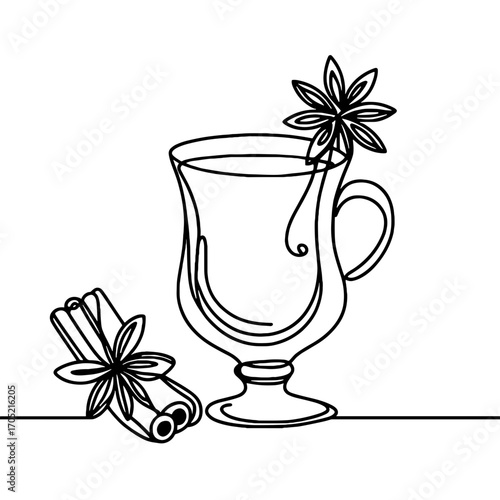 Mulled wine with cinnamon sticks in elegant glass outline drawing, vector, simple line drawing, minimalistic, single line, simple line, isolated, transparent background