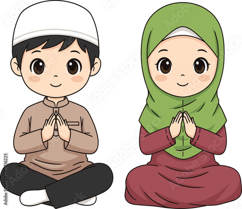 Children praying cartoon, Islamic attire illustration, cultural gesture vector, cross-legged pose, hijab and cap characters, peaceful moment, educational design