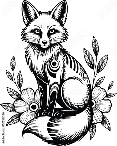 Black and white fox illustration with floral elements 2