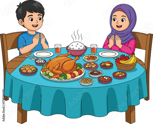 Children praying, festive meal, cultural tradition, dining table, roasted turkey, family gathering, hijab girl, cartoon illustration, food celebration, thanksgiving moment