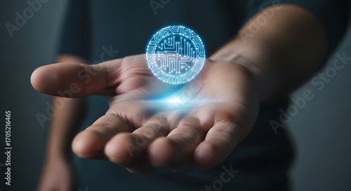 Digital technology in hand concept for innovation and blockchain era