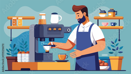 Coffee shop barista preparing espresso in a cozy cafe with modern decor and fresh pastries